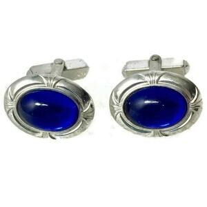 Anson Cuff Links Oval Blue Stone Silvertone  Vintage Estate Jewelry Marked‎